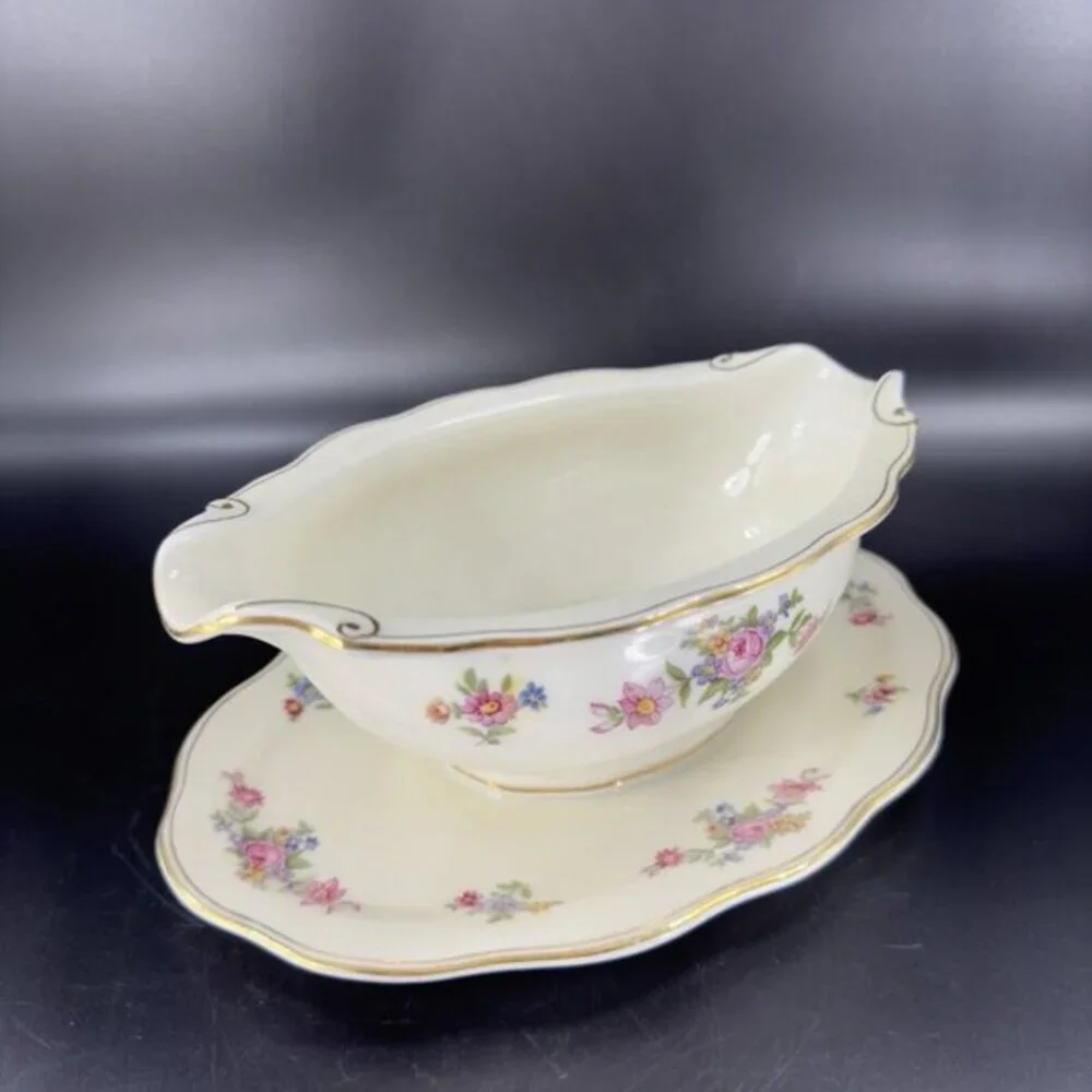 Vintage Baronet Bohemian‎ Rose Czechoslovakia Pink Gravy Boat W Under Plate Vtg